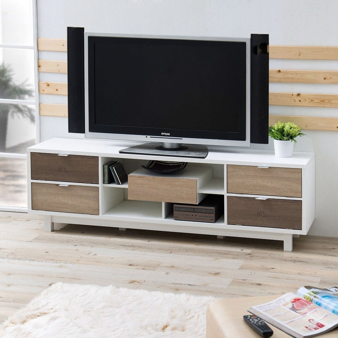 Modern 70-inch White TV Stand Entertainment Center with Natural Wood Accents Image 1