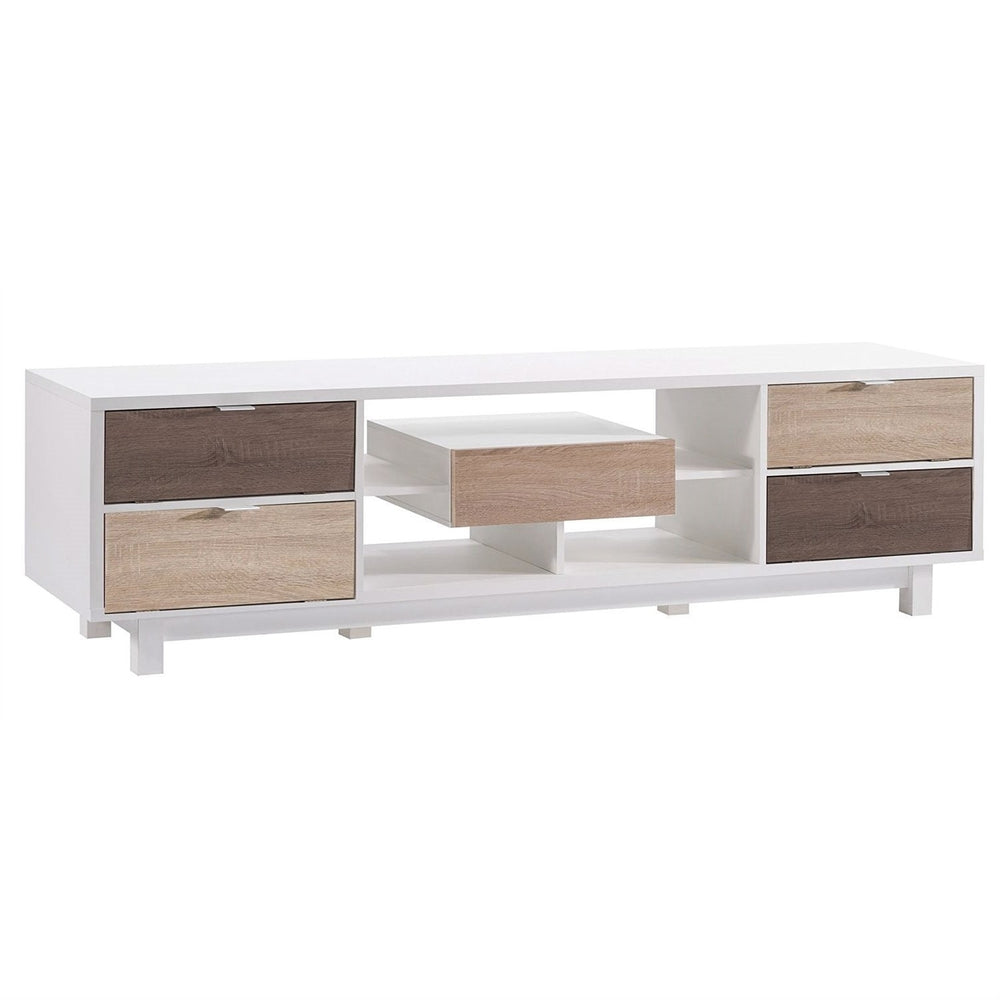 Modern 70-inch White TV Stand Entertainment Center with Natural Wood Accents Image 2