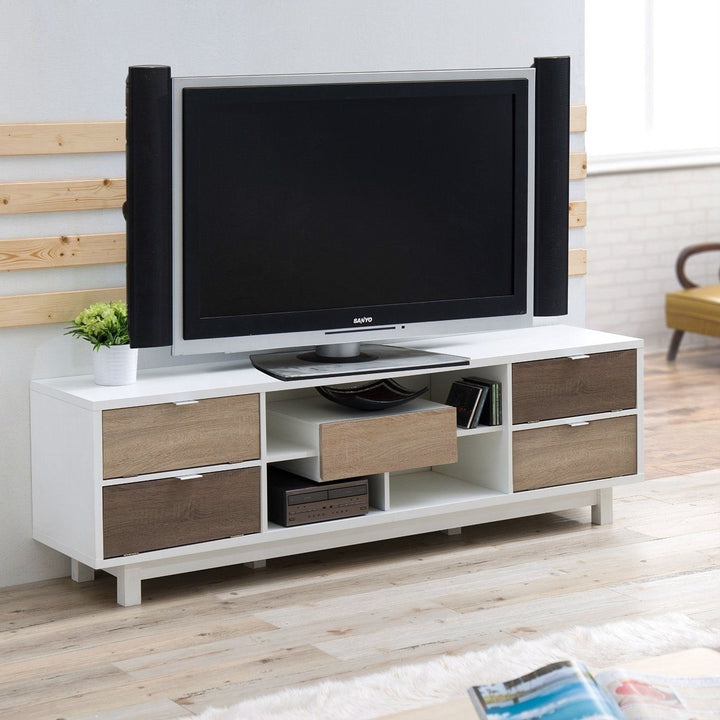 Modern 70-inch White TV Stand Entertainment Center with Natural Wood Accents Image 3