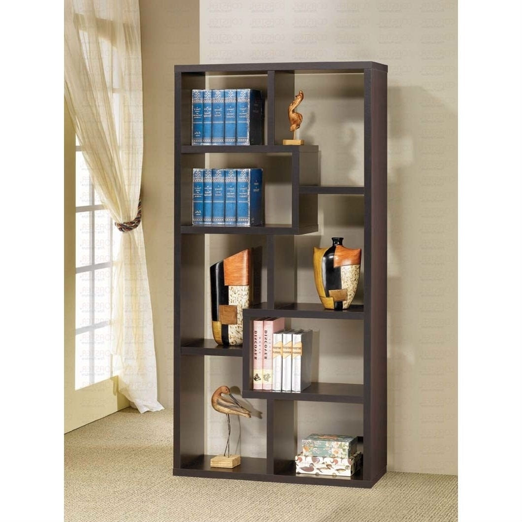 Modern 70-in High Display Cabinet Bookcase in Dark Brown Cappuccino Wood Finish Image 2