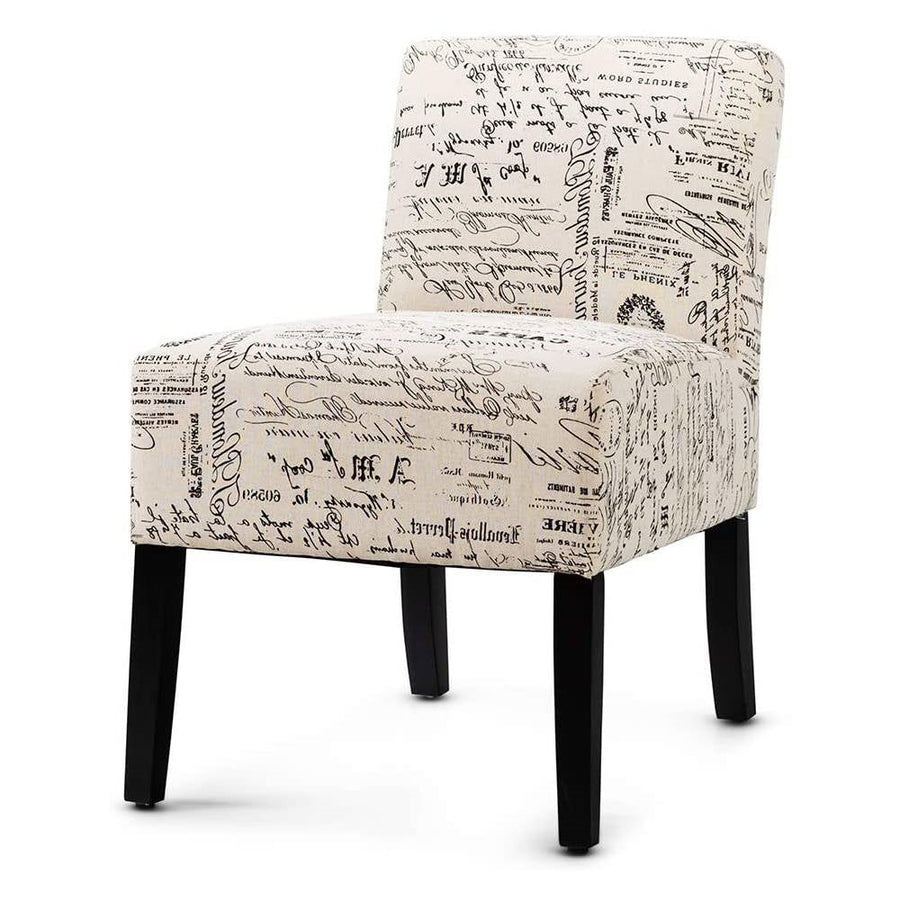 Modern Accent Chair Off-White French Cursive Pattern Upholstery with Black Wood Legs Image 1