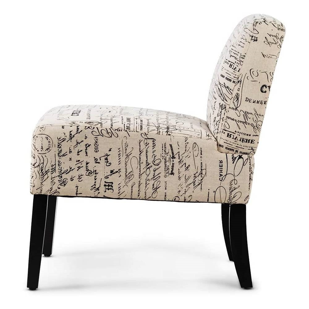 Modern Accent Chair Off-White French Cursive Pattern Upholstery with Black Wood Legs Image 2