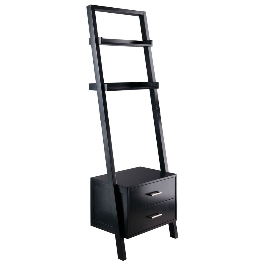 Modern Black 2 Drawer Entryway Shelf Leaning Ladder Bookshelf Bookcase Image 1