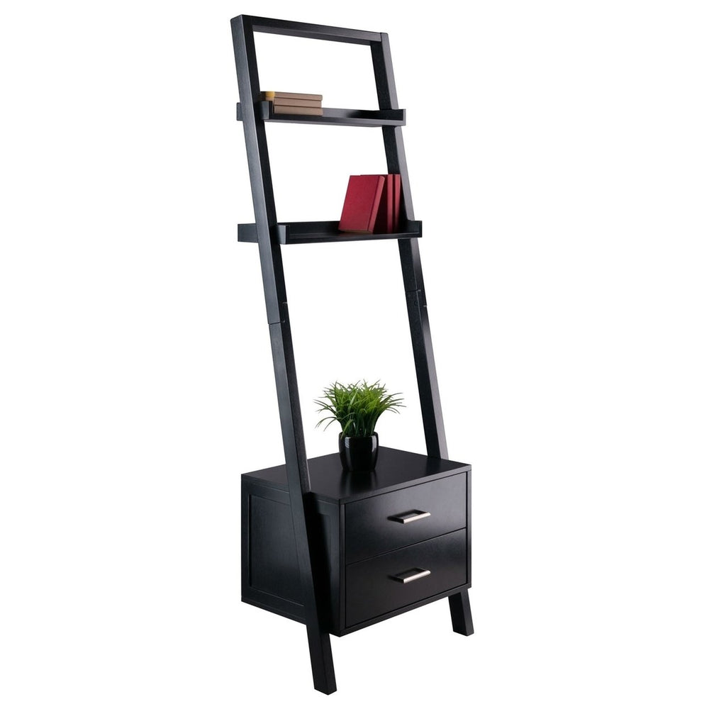 Modern Black 2 Drawer Entryway Shelf Leaning Ladder Bookshelf Bookcase Image 2