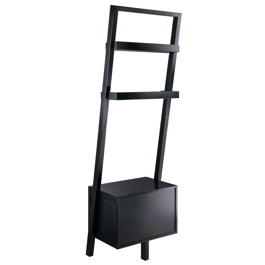 Modern Black 2 Drawer Entryway Shelf Leaning Ladder Bookshelf Bookcase Image 5