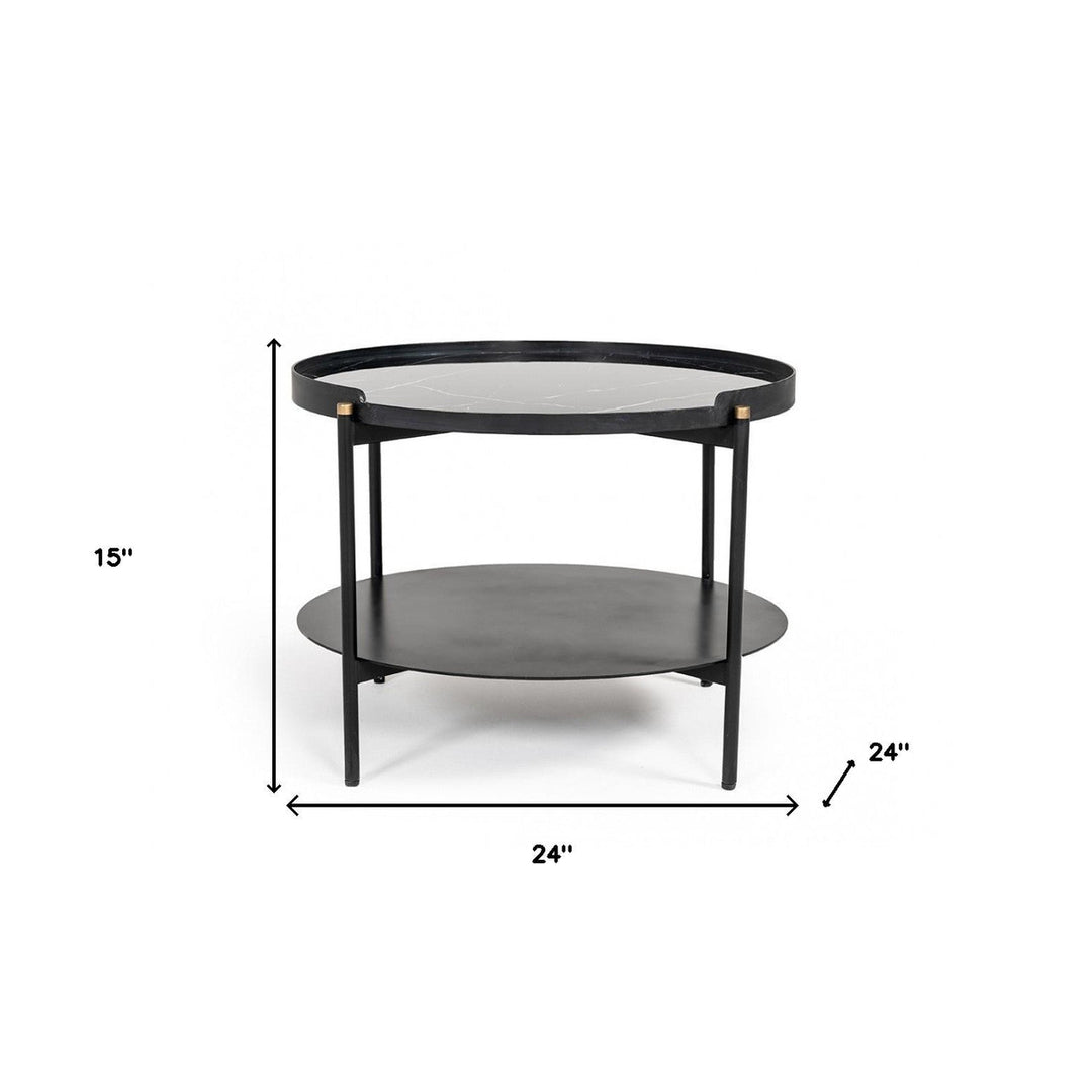 Modern Black Marble Painted Round Metal Coffee Table Image 5