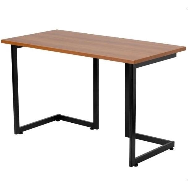 Modern Black Metal Frame Computer Desk with Cherry Wood Finish Top Image 1