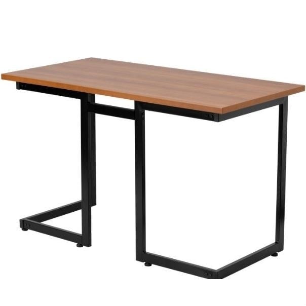 Modern Black Metal Frame Computer Desk with Cherry Wood Finish Top Image 2