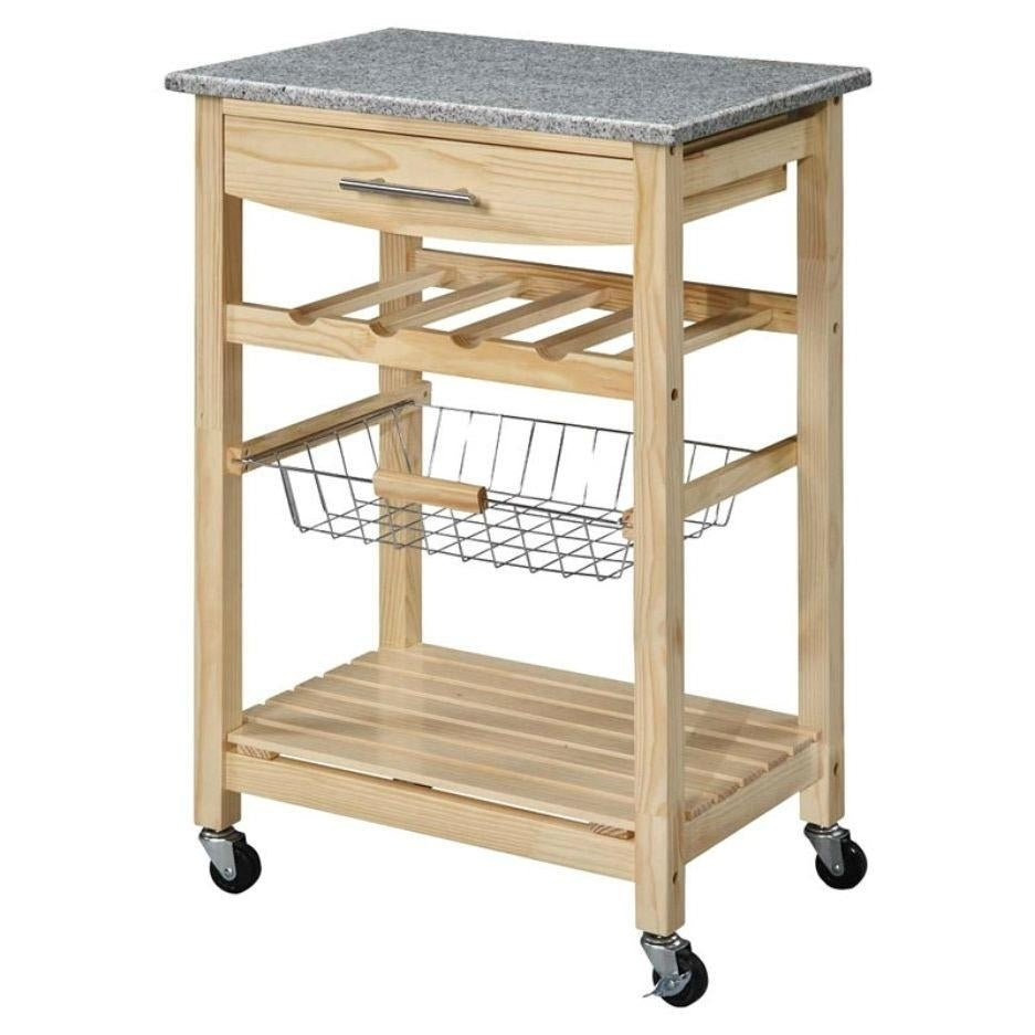 Natural Wood Finish Kitchen Island Cart with Granite Top Image 1