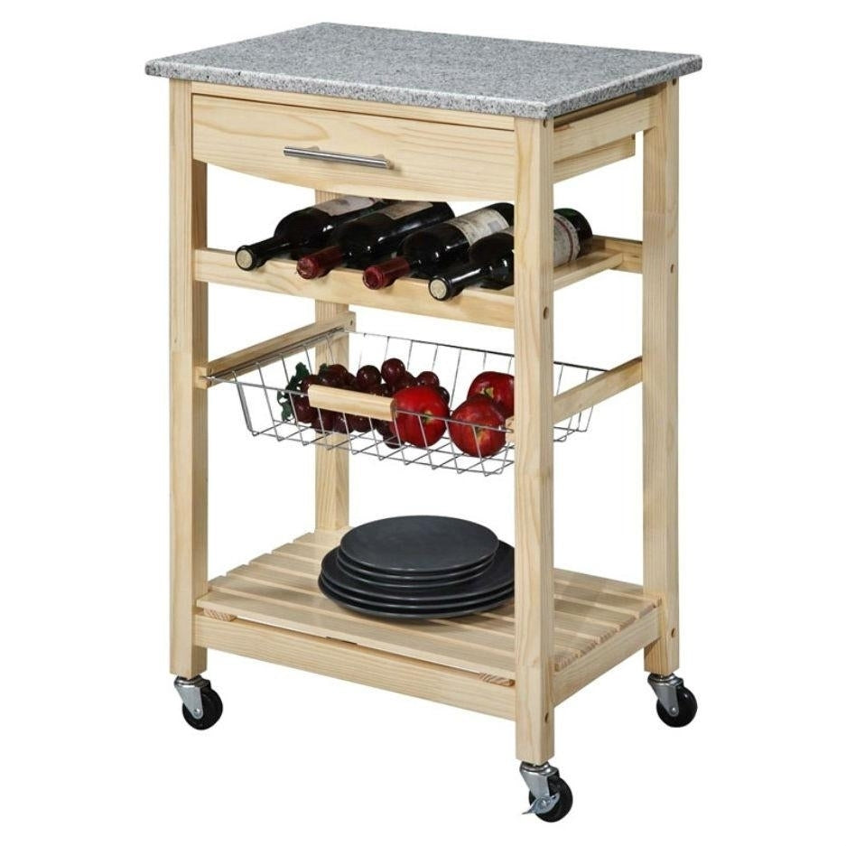 Natural Wood Finish Kitchen Island Cart with Granite Top Image 2