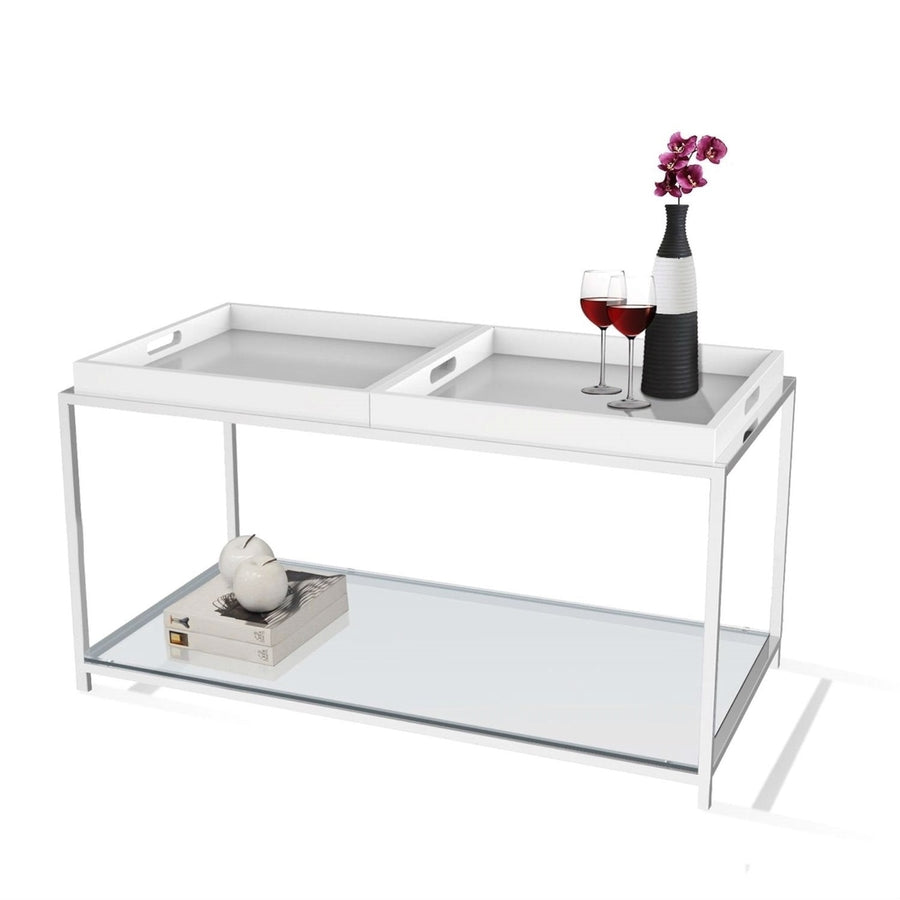 Modern Chrome Metal Coffee Table with 2 White Removable Trays Image 1