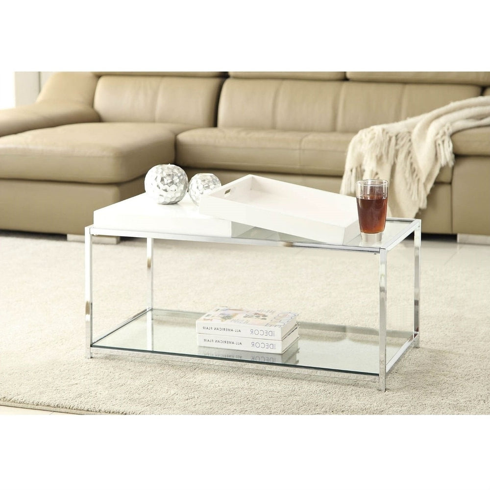 Modern Chrome Metal Coffee Table with 2 White Removable Trays Image 2