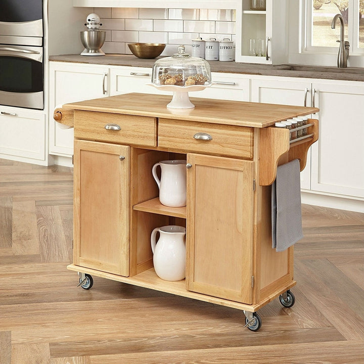 Natural Wood Finish Kitchen Island Cart with Locking Casters Image 1