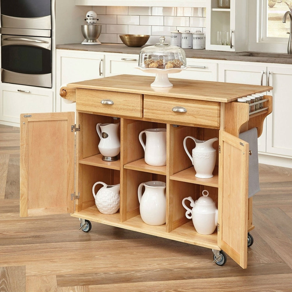 Natural Wood Finish Kitchen Island Cart with Locking Casters Image 2