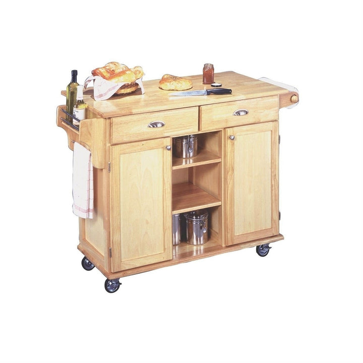 Natural Wood Finish Kitchen Island Cart with Locking Casters Image 3