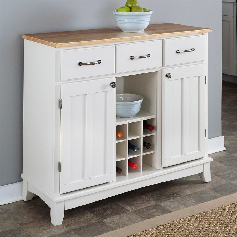 Natural Wood Top Kitchen Island Sideboard Cabinet Wine Rack in White Image 1