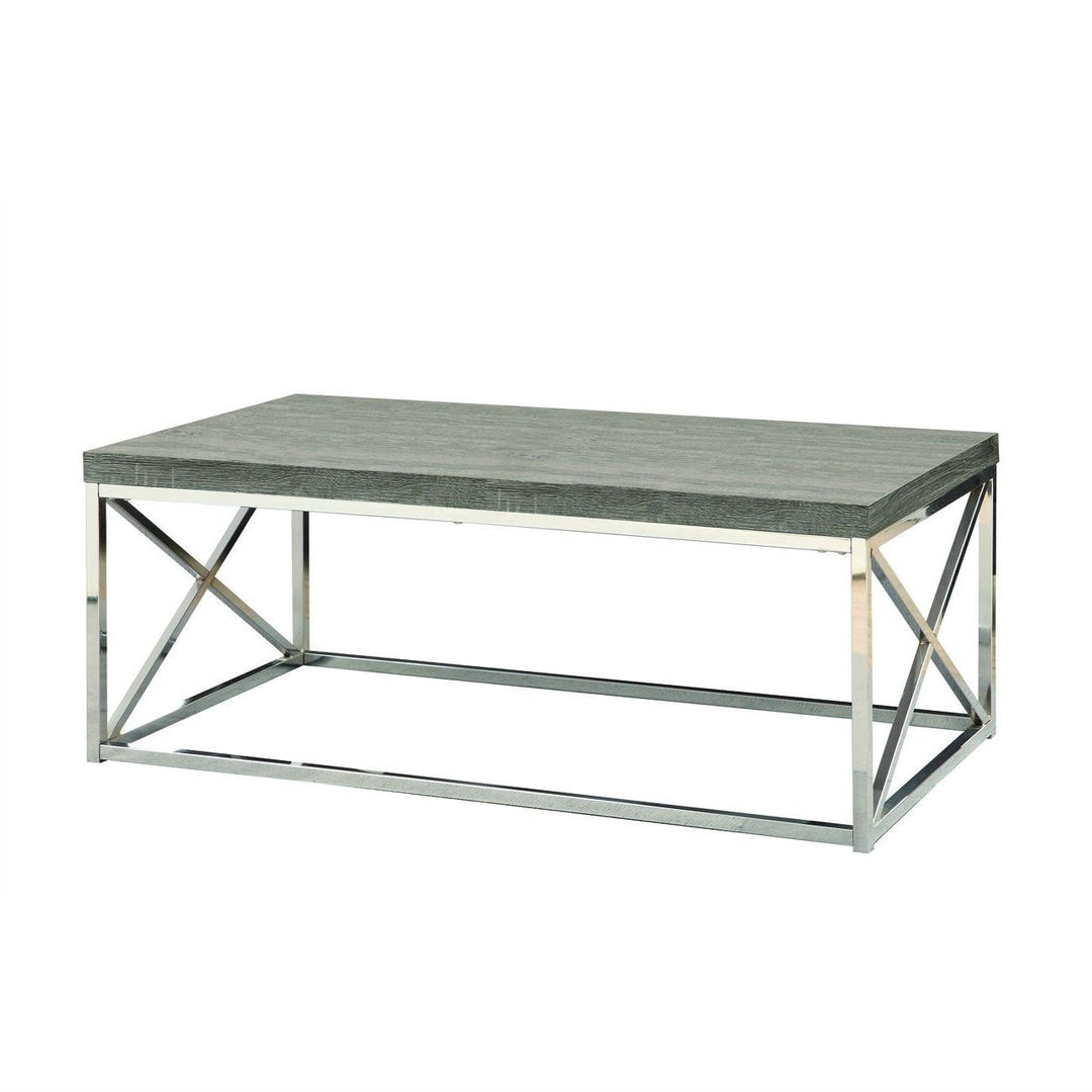 Modern Coffee Table with Chrome Metal Frame and Dark Taupe Wood Top Image 1