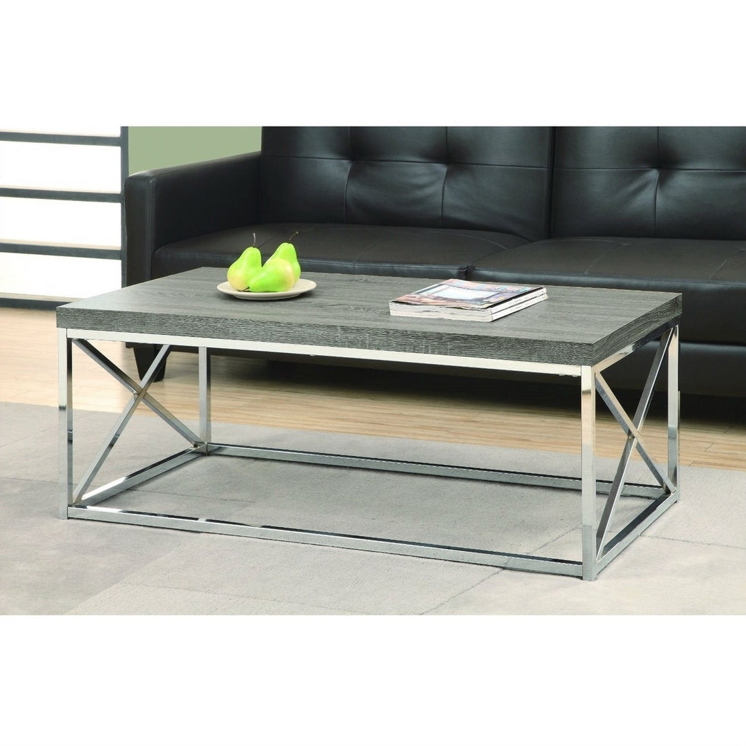 Modern Coffee Table with Chrome Metal Frame and Dark Taupe Wood Top Image 2