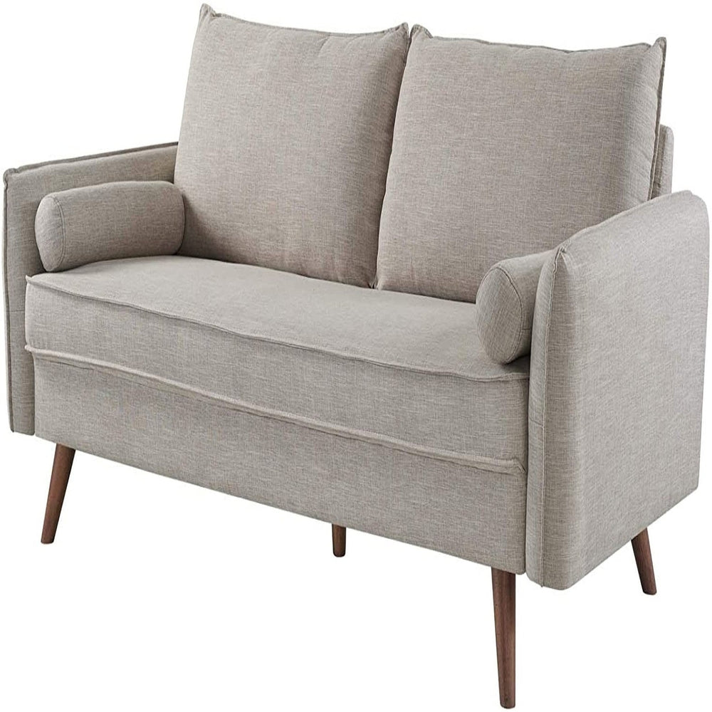 Modern Couch Beige Upholstered Sofa with with Mid-Century Style Wood Legs Image 2