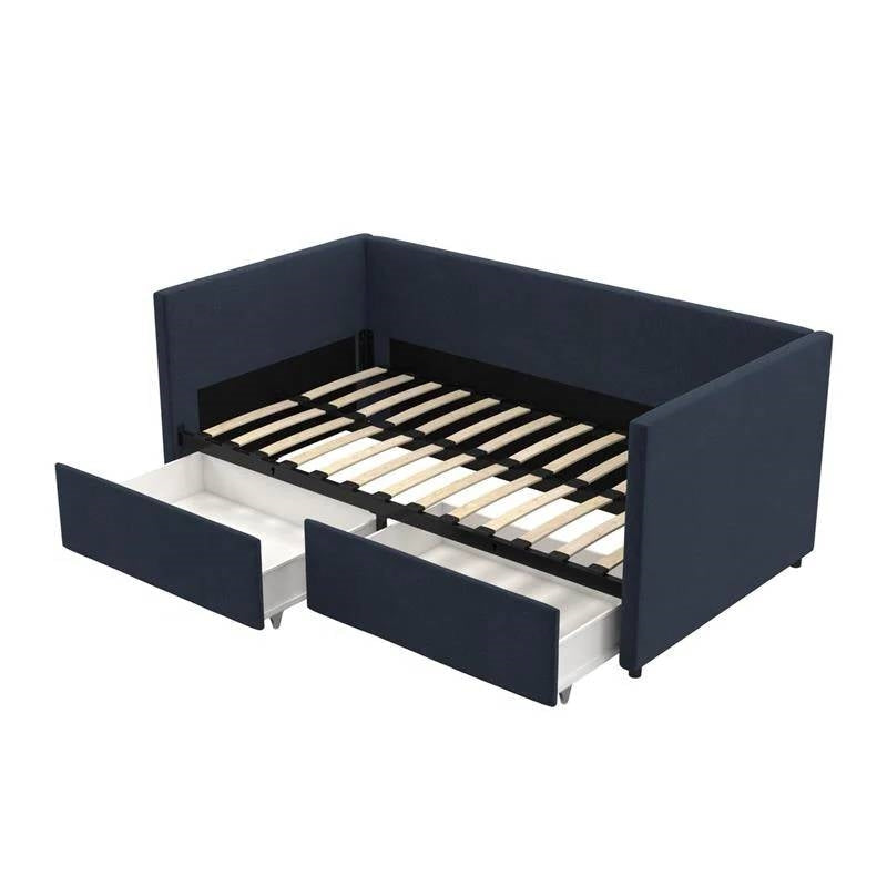 Navy Blue Linen Upholstered Daybed with Pull-Out Storage Drawers Image 1