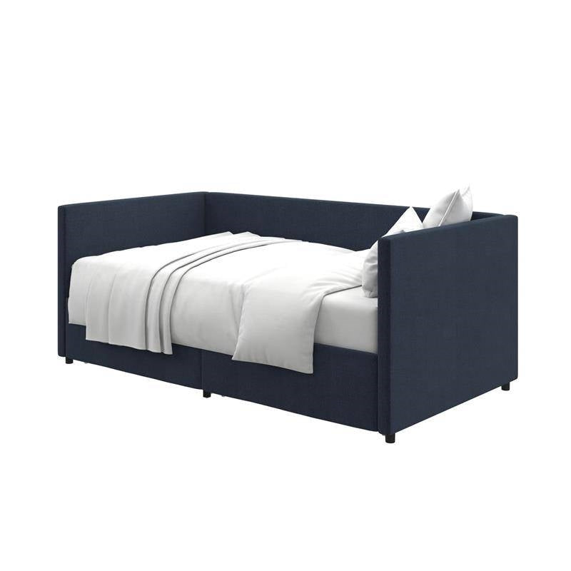 Navy Blue Linen Upholstered Daybed with Pull-Out Storage Drawers Image 2