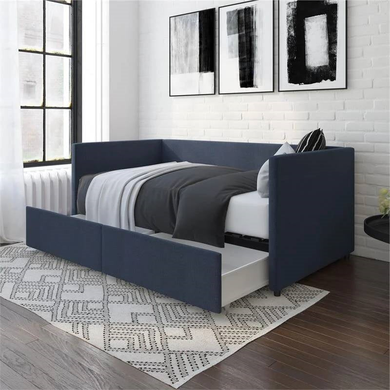 Navy Blue Linen Upholstered Daybed with Pull-Out Storage Drawers Image 3