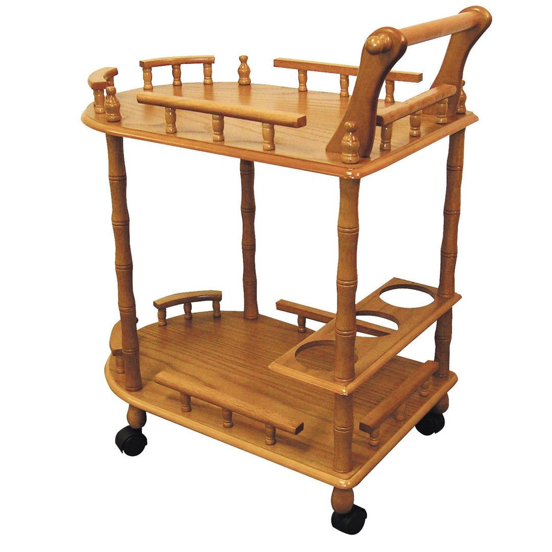 Oak Irregular Rolling Bar Cart With Wine Storage Image 1