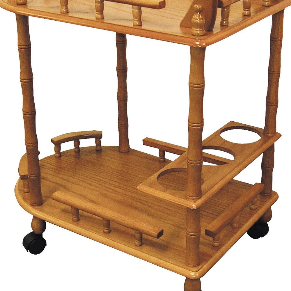 Oak Irregular Rolling Bar Cart With Wine Storage Image 3