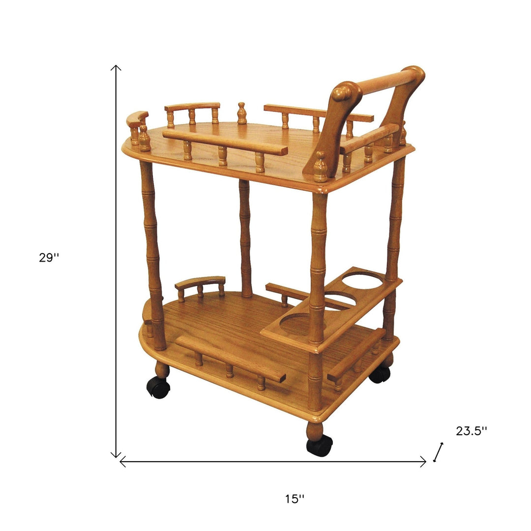 Oak Irregular Rolling Bar Cart With Wine Storage Image 5