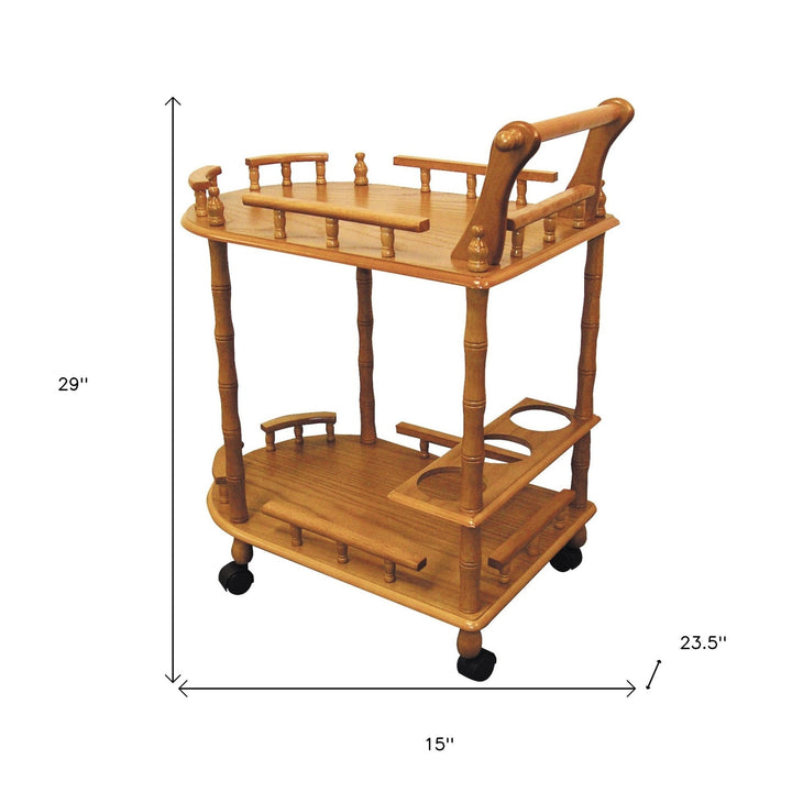 Oak Irregular Rolling Bar Cart With Wine Storage Image 5