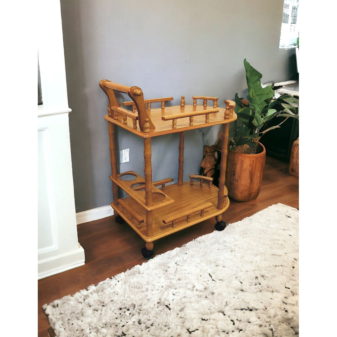 Oak Irregular Rolling Bar Cart With Wine Storage Image 8