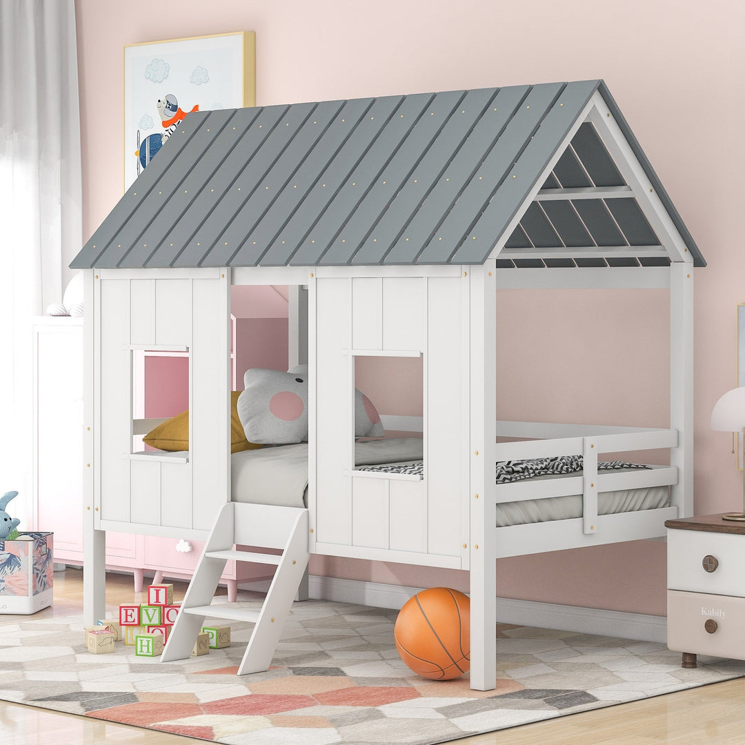 Playhouse with Windows and Roof White Twin Size Low Loft Bed Image 1