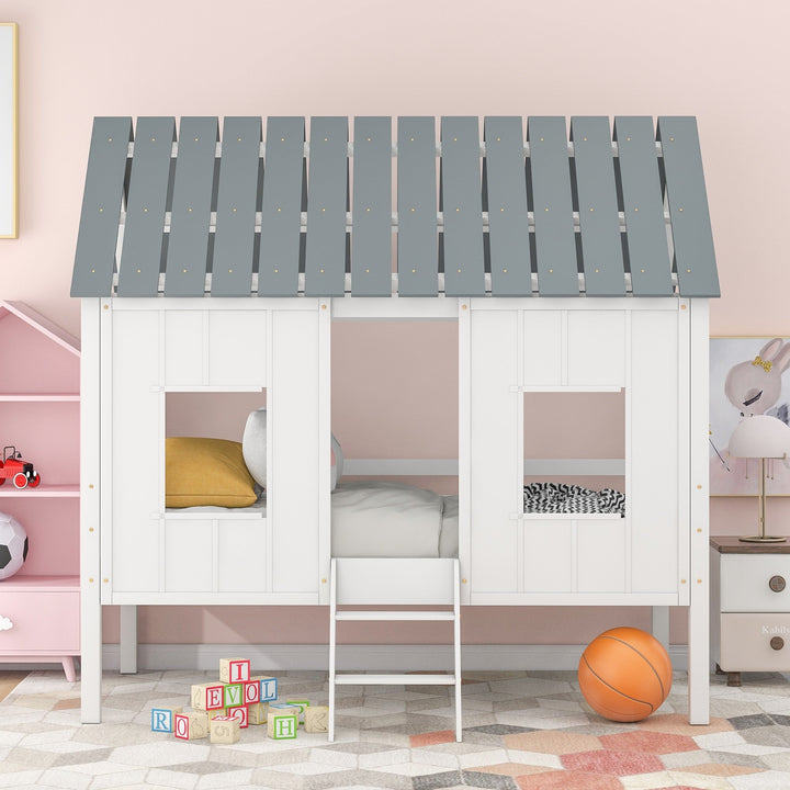 Playhouse with Windows and Roof White Twin Size Low Loft Bed Image 2