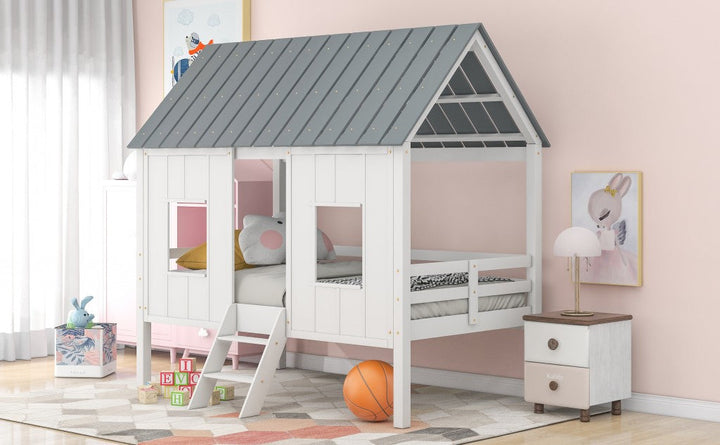 Playhouse with Windows and Roof White Twin Size Low Loft Bed Image 3