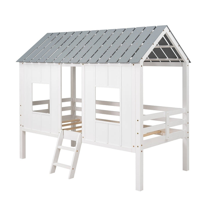 Playhouse with Windows and Roof White Twin Size Low Loft Bed Image 8