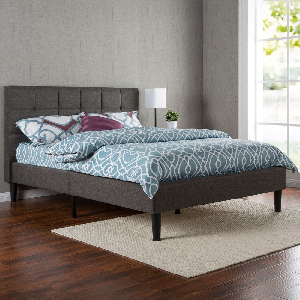 Queen size Modern Classic Dark Grey Upholstered Platform Bed with Headboard Image 2