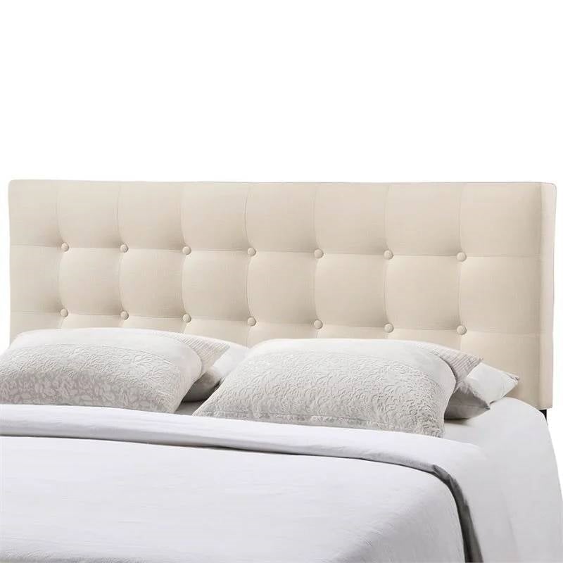 Queen size Modern Ivory Fabric Upholstered Button Tufted Headboard Image 3