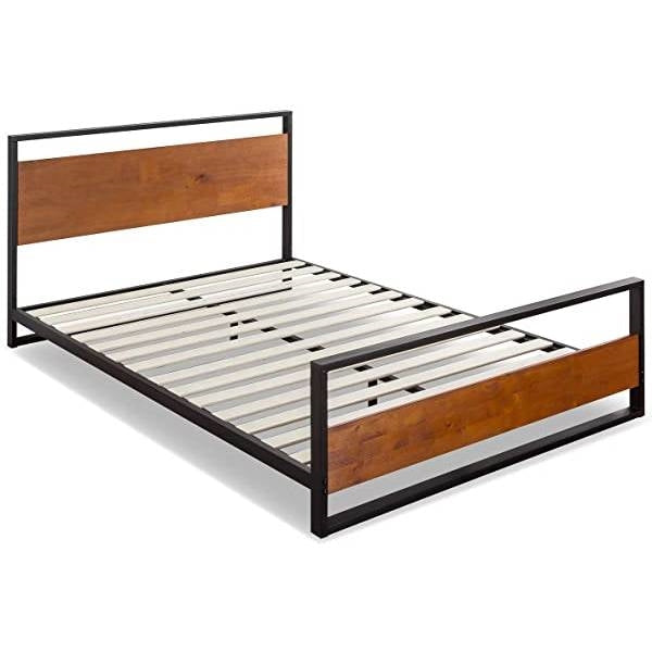 Queen size Modern Metal Wood Platform Bed Frame with Headboard and Footboard Image 1