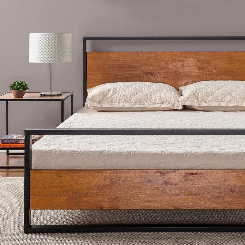 Queen size Modern Metal Wood Platform Bed Frame with Headboard and Footboard Image 2