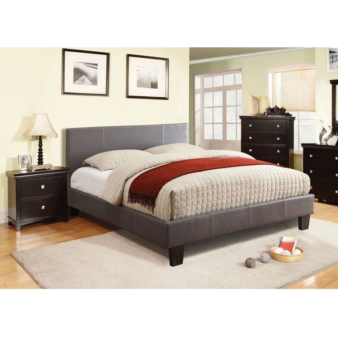 Queen size Platform Bed with Headboard Upholstered in Gray Faux Leather Image 1