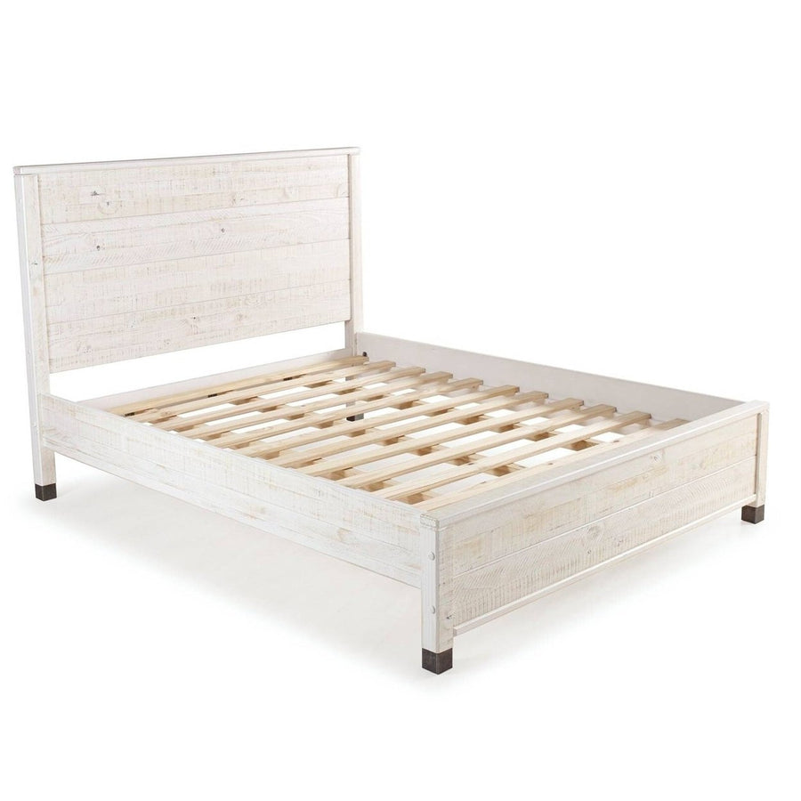 Queen Size Solid Wood Platform Bed Frame with Headboard in Rustic White Finish Image 1