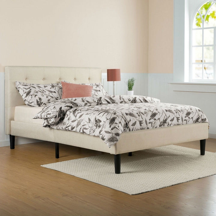 Queen size Taupe Beige Upholstered Platform Bed Frame with Headboard Image 1