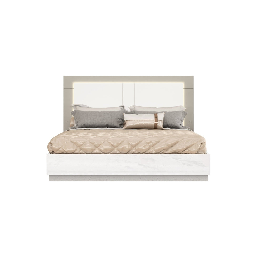 Queen White and Taupe High Gloss Bed Frame with LED Headboard Image 1