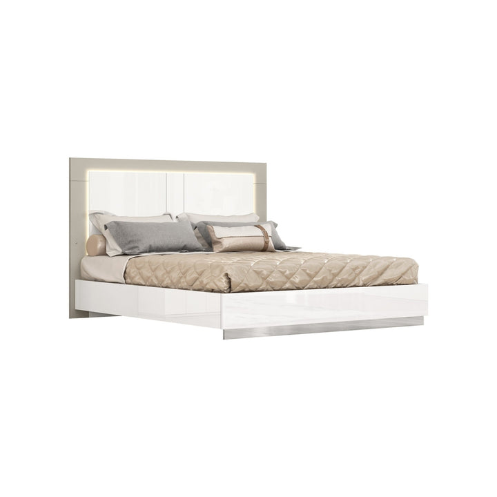 Queen White and Taupe High Gloss Bed Frame with LED Headboard Image 2