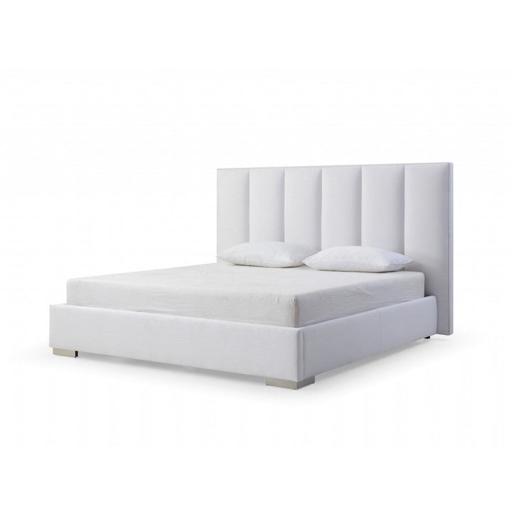 Queen White Upholstered Channel Tufted Velvet Bed Frame Image 1