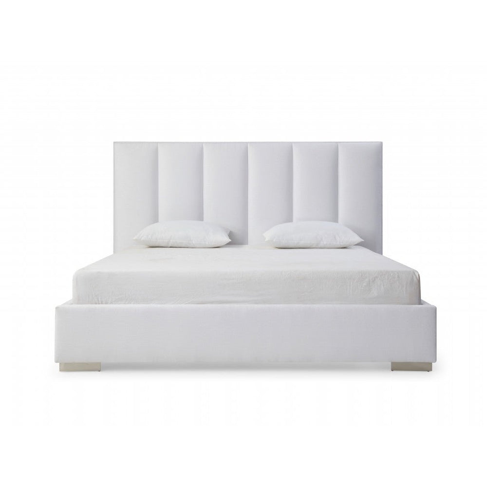 Queen White Upholstered Channel Tufted Velvet Bed Frame Image 2