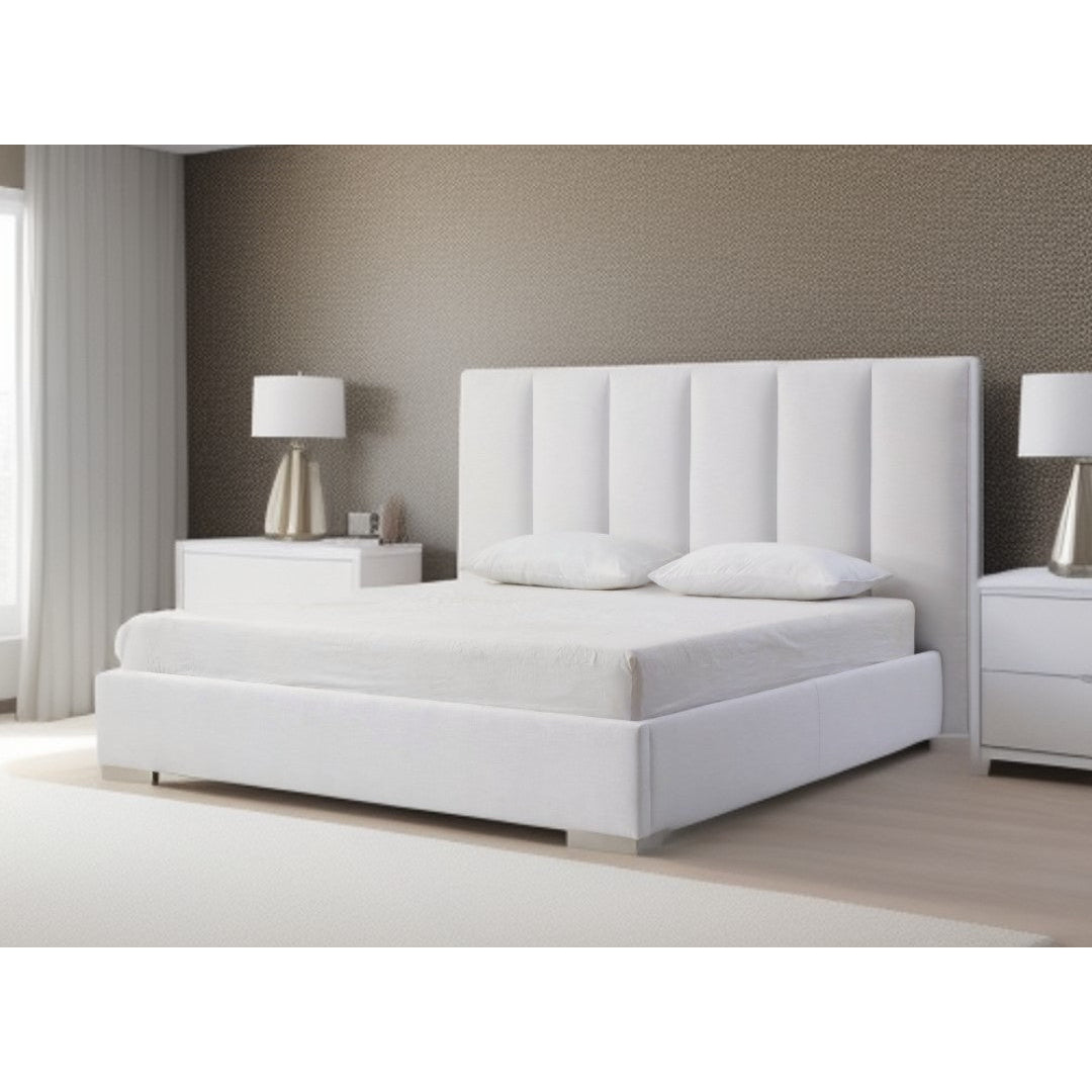 Queen White Upholstered Channel Tufted Velvet Bed Frame Image 4