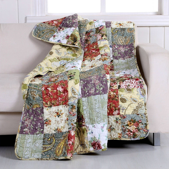 Red Green Blue Purple Yellow White 100-Percent Cotton Floral Patchwork Quilt Throw Blanket Image 1