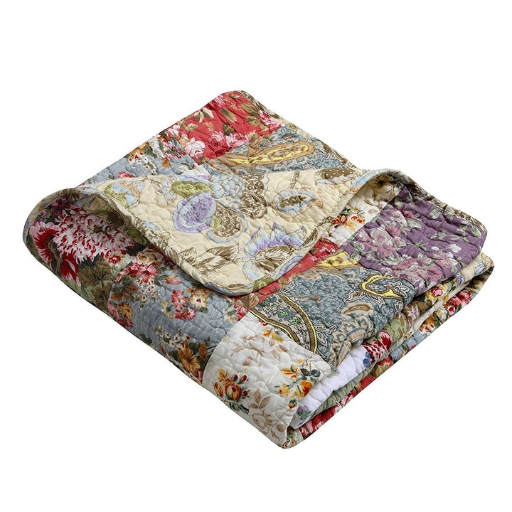 Red Green Blue Purple Yellow White 100-Percent Cotton Floral Patchwork Quilt Throw Blanket Image 2