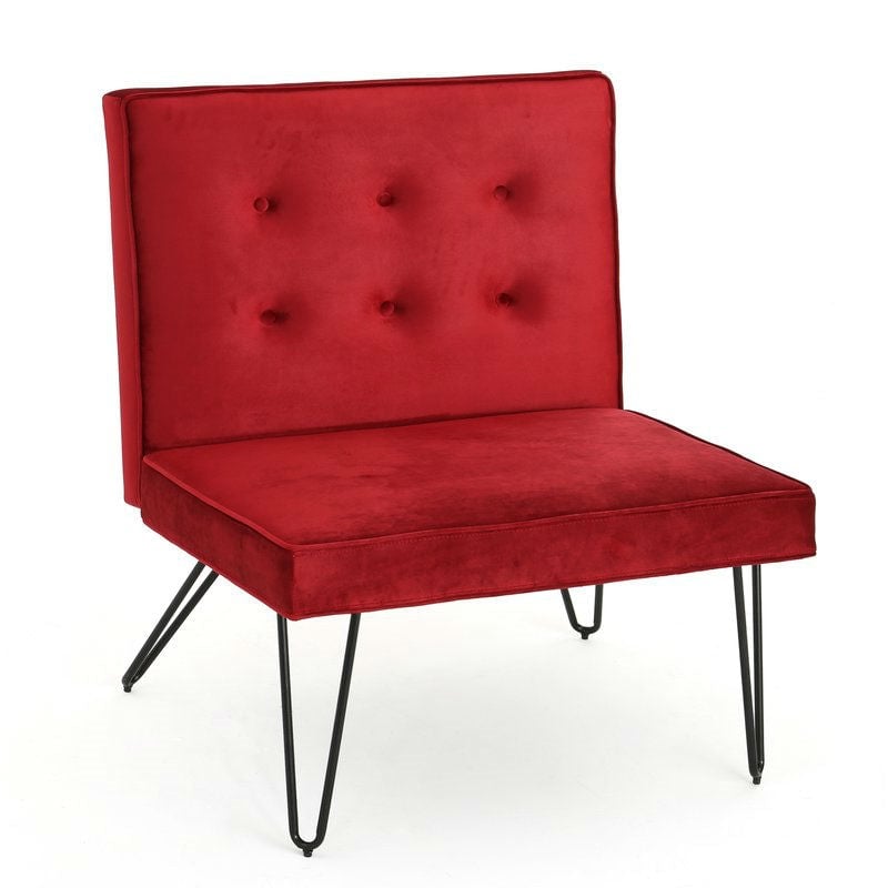 Red Velvety Soft Upholstered Polyester Accent Chair Black Metal Legs Image 1